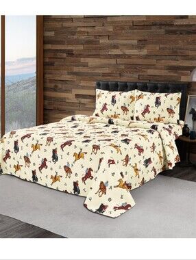 Western Linen King Size Egyptian Comfort Sheet Set - Cowboy Print, Cream